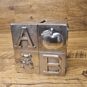VTG Alphabet block bank box silver toned children's coin piggy bank nursey decor